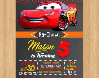 Disney Cars Invite - Chalkboard Red Orange Yellow - Cars Birthday Party Invite - Cars Party Favors - Chalkboard Invite - Lightning Mcqueen