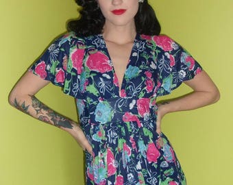 Vintage Navy Blue and Pink Floral 1970s does 1930s Polyester Jersey Maxi Dress Spring Empire Waist