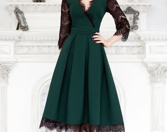 Green dress, lace summer dress with V neck, Green dress, summer dress short sleeve, elegant dress, wedding dress, summer midi dress, gown