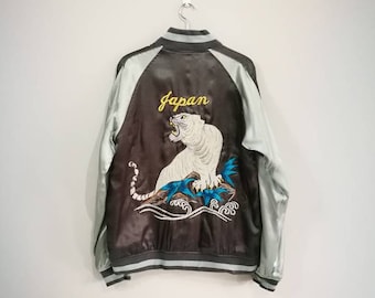 Sukajan Satin Gray Vintage Rare Embroidered Tiger Japanese Souvenir Jacket Sukajan Vintage Bomber Jacket Size Large