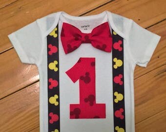 READY TO SHIP Mickey Mouse Birthday Outfit, Mickey Mouse Cake Smash Bodysuit, Mickey Mouse First Birthday Bodysuit, First Birthday for Boy