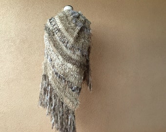 Blanket Scarf Style of Warm Shawl, Large Shawl, Taupe Brown Shawl Hand Knit for Women with Taupe and Black Long Fringe Wrap Beige Shawl