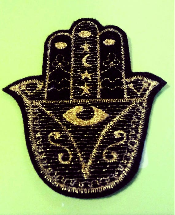 Hamsa, Chamsa, khamsa embroidered iron on patch gold and black