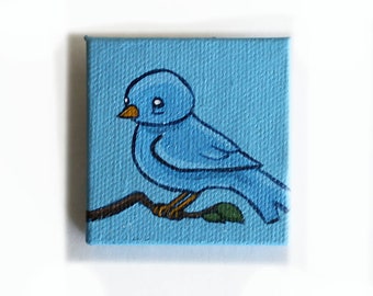 Blue Bird Painting Miniature - Original Tiny Wall Art Acrylic on Mini Canvas 2 x 2 Inches by Karen Watkins - Bluebird Tiny Art