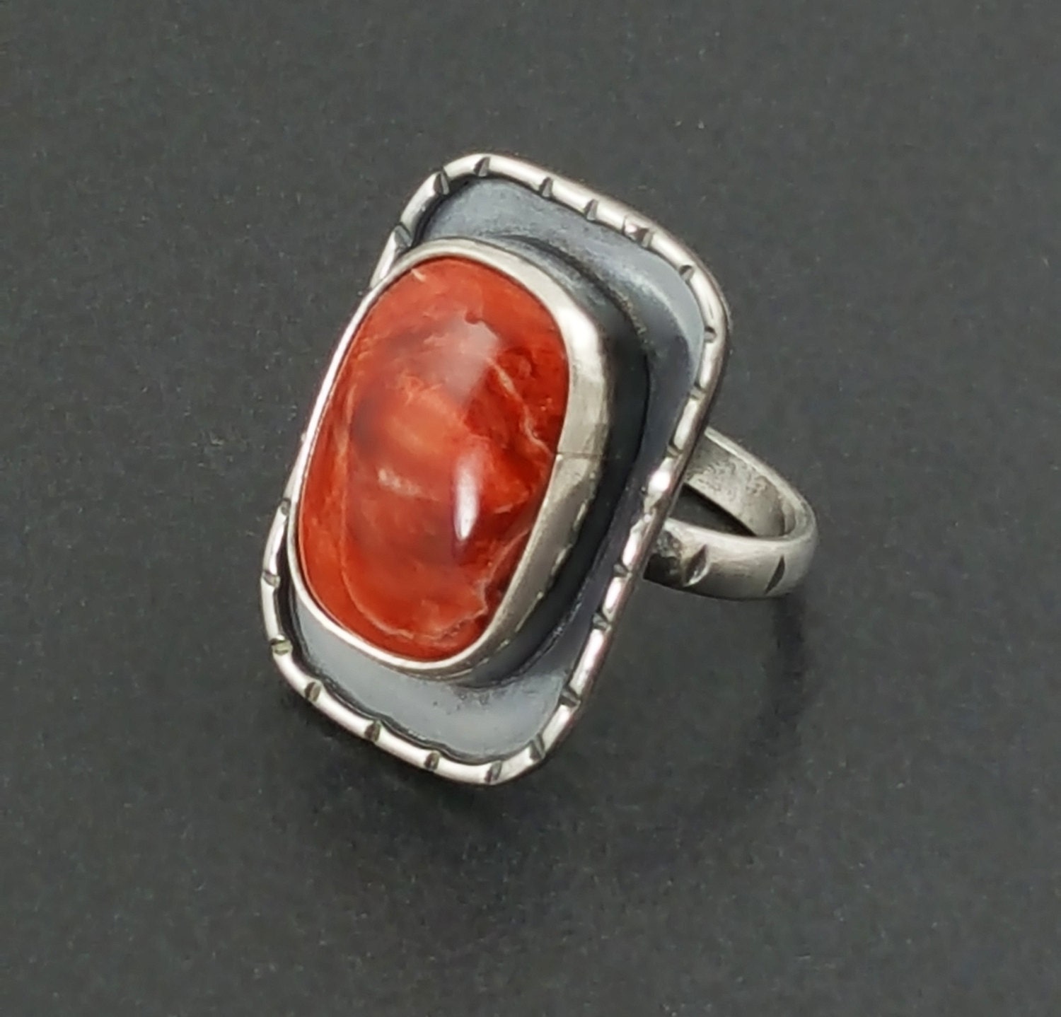 Spiny Oyster Shell Ring red and silver large ring boho