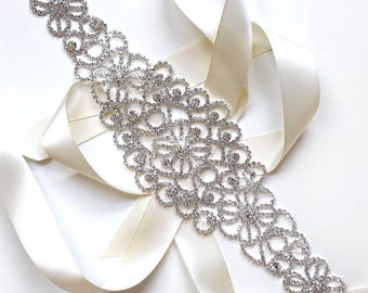 Flowery Silver & Rhinestone Bridal Belt Sash - Ivory White Satin Ribbon Tie - Silver and Crystal Wide Wedding Dress Belt - 12 inch