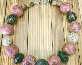Amazing Extra Large Coral Beads / Rounds with Natural Seeds, Pods, & Nuts and Sterling Silver Toggle Statement Necklace