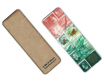 Christmas Postage Stamp Bookmark | Upcycled Red Green Mail Art Collage Wooden book marker | Stamp Collector Gift | Philately Stocking Filler