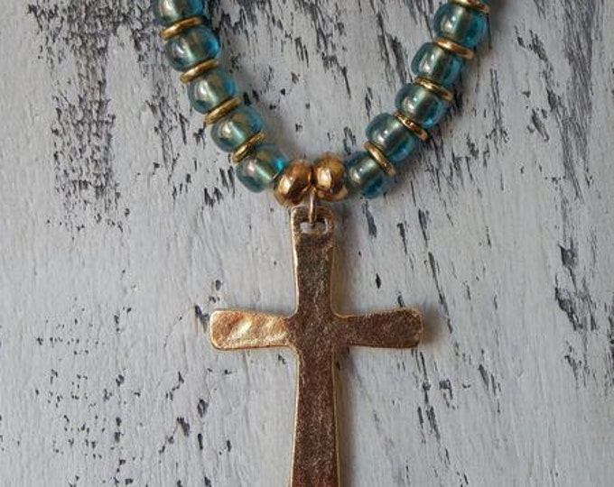 Cross Necklace Gold Pewter Cross Beaded Necklace Blue Czech Glass Beaded Brass Boho Necklace Spiritual Jewelry