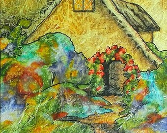 Original Painting Zen Inspired Watercolor Tissue Fantasy SECRET COTTAGE Lynne French