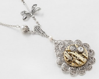 Steampunk Necklace with Antique Gold Pocket Watch on Filigree Flower with Genuine Pearl, Silver Dragonfly Pendant & Swarovski Crystal 3030
