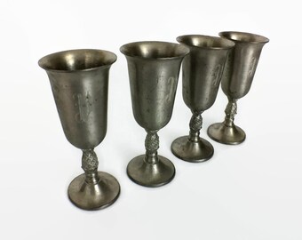 Vintage Set of 4 Pewter Cordial Cups with Pineapple Stem by Leonard Engraved P