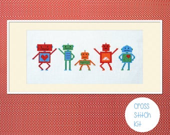 Robots cross stitch kit: - " cute dancing robots" - embroidery kit, diy kit