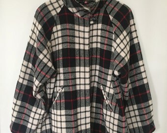 Vintage Orvis Plaid Wool Shirt Jacket -- Women's Cut -- 1980s -- Black, Cream, Red -- Stand-Up Collar, Full-Zip