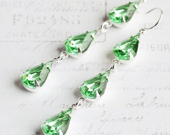 Green Drop Earrings, Light Green Earrings on Silver Plated Hooks, Teardrop Dangle Earrings, Rhinestone Jewelry, Vintage Glass