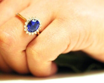 Blue Sapphire engagement ring, vintage inspired diamond halo, yellow gold sapphire ring, September Birthstone