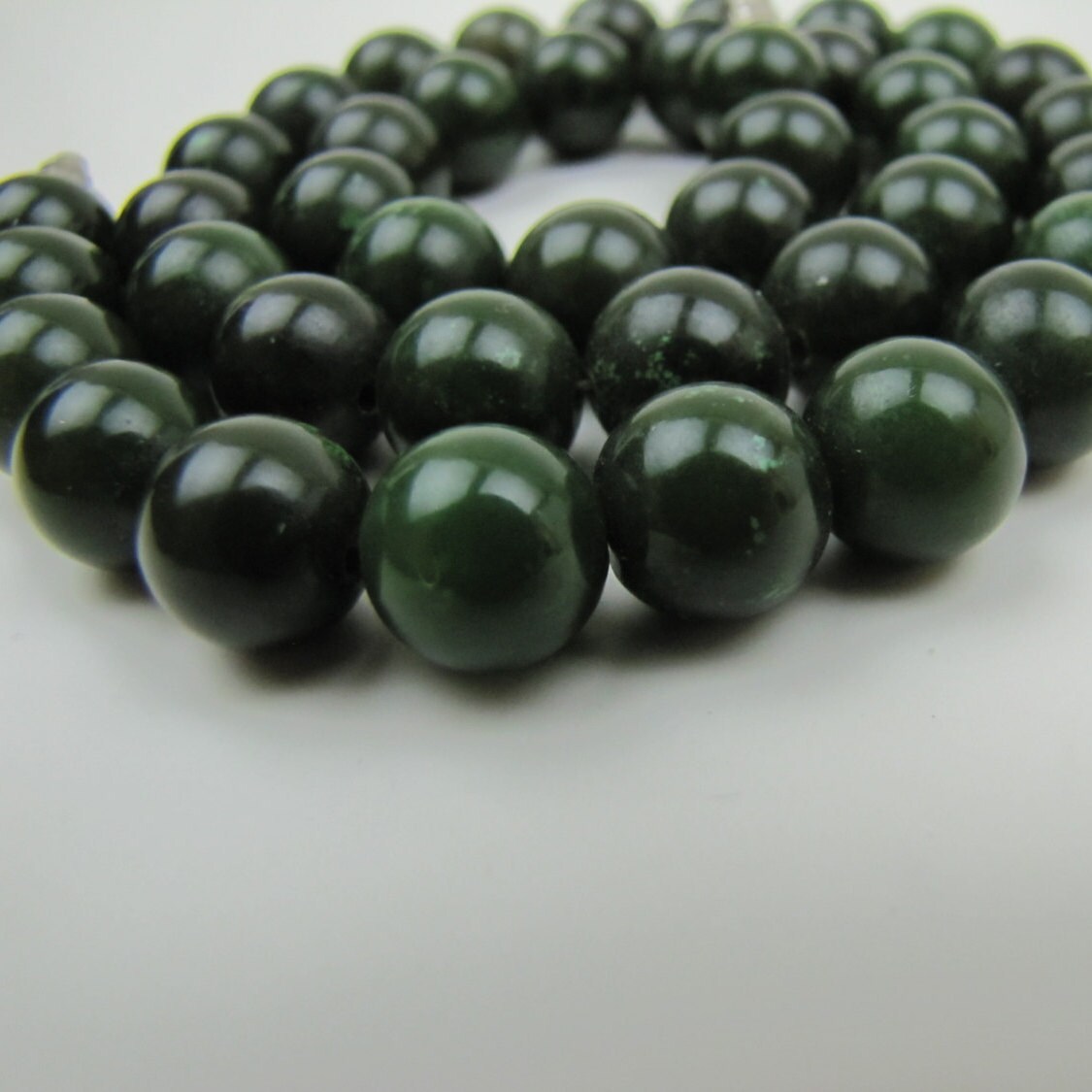 Nephrite Jade Bead Necklace. Spinach Green Jadeite. 10 mm