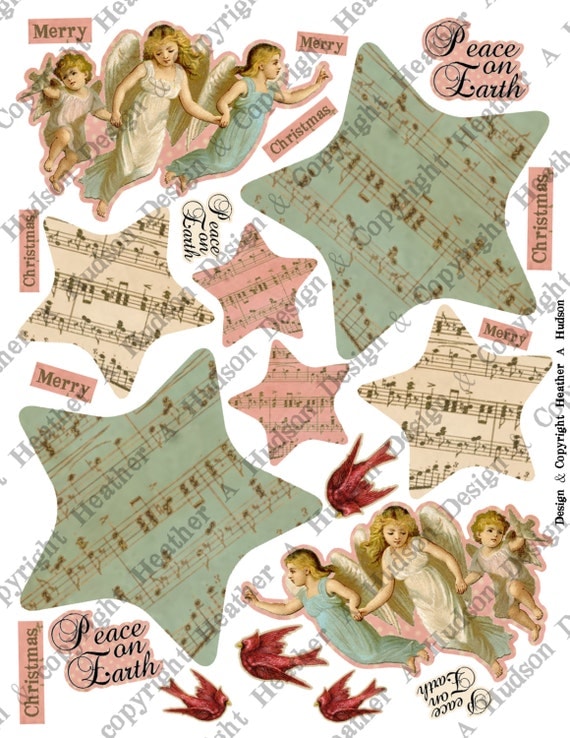 Vintage Angels Peace On Earth  Christmas Tree  tag Ornament  Digital Collage sheet Printable