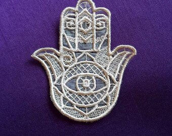 UK, cream lace Hamsa, amulet, protection charm, ward off the 'evil eye', good luck, five, right hand