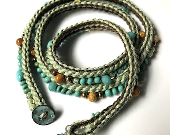 Aqua and brown mix crochet beaded wrap bracelet / necklace, summer fashion, crochet bracelet, crochet jewelry, boho jewelry, coffycrochet