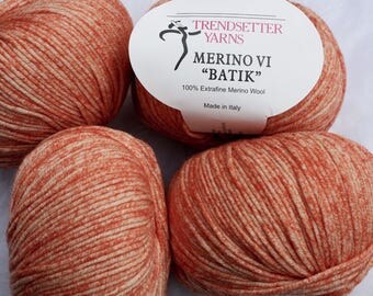 2 Balls 100% Extrafine Merino Wool Yarn Orange Worsted by Trendsetter called Merino VI Batik in burnt orange color 176