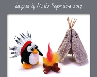 American Indian Penguin pattern - photo tutorial how to crochet amigurumi penguin with fire and tipi wigwam