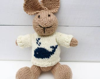 Amos the Hand Knitted Bunny Rabbit Toy with Cream Jumper with a Whale on the Front
