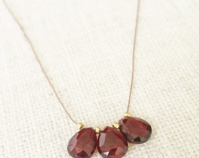 Garnet Necklace, Gold Garnet Necklace, Garnet Silk Cord Necklace, Silk Cord Necklace, Gold Garnet Silk Cord Necklace