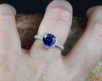 Blue & White Sapphire Halo Engagement Ring 3/4 Eternity Round Bezel Leaf 2ct 8mm 14k 18k White-Yellow-Rose Gold-Platinum-Custom-Wedding