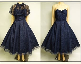 1950s Party Dress | Navy Blue Dress | Vintage 1950s Dress | Blue Lace Dress | 50s Strapless Dress | 50s Dress | 1950s Dress Matching Cape |