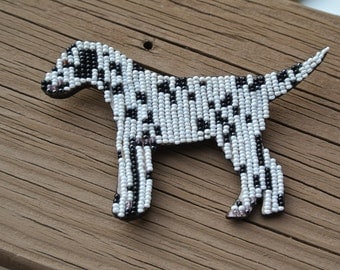 Vintage Dalmatian Dog BEADED Leather Pin Brooch Artisan Handcrafted _ Mary B Jewelry