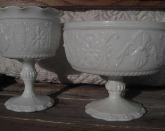 Pair of White Milk Glass Pedestal Vases, Pedestal Planters, Wedding Centerpieces, Large Vases, Ruffled Floral Milk Glass Compotes
