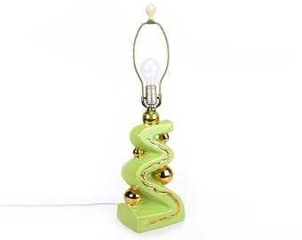 Mid century modern, table lamp, chartreuse, mint green, gold, ceramic, 25.5", 1960s, atomic, retro, curve lamp