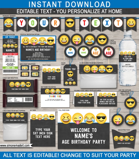 Emoji Party Decorations & Invitations for Boys - full Printable Package - Emoji Theme Birthday Party - INSTANT DOWNLOAD with EDITABLE text Il_570xn
