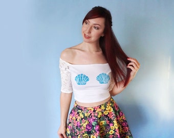 Ladies Clam Shell Mermaid Crop Top Seashell Lace Blue White T Shirt