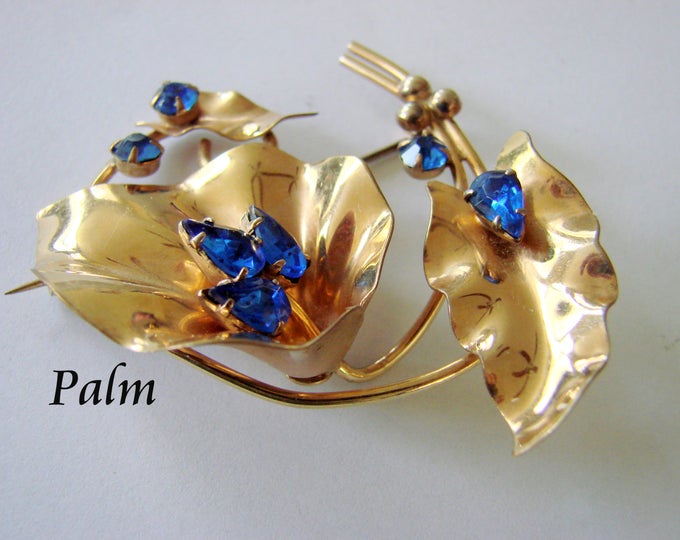 1940s Floral Designer Signed "Palm" Sapphire Rhinestone Gold Filled Brooch / Retro / Vintage Jewelry / Jewellery