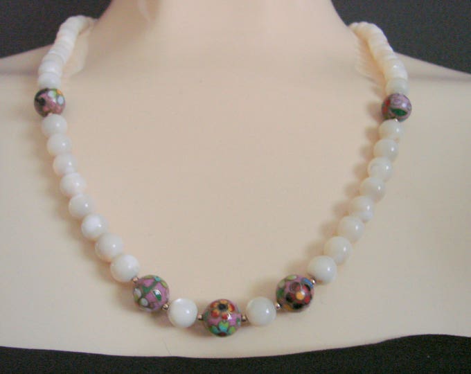 Vintage Mother of Pearl & Cloisonne Bead Necklace / Filigree Clasp / Jewelry / Jewellery