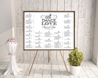 Wedding Seating Chart (Eat, Dance, Love) - Digital File, DIY, Printable, pdf, Calligraphy, Eat Drink and Be Married, Black and White, Modern