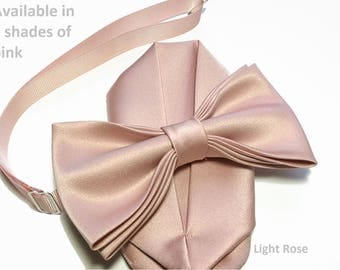 Pink Blush, Dusty Rose Light Rose bow tie with pocket square set, adult and kid size