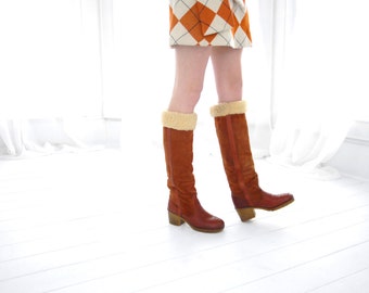 Vintage tall rust suede boots, faux shearling fur insulated, 1970s boho, orange leather, heels, 8