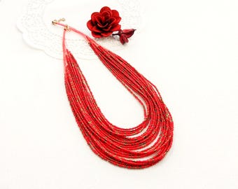 Seed Bead Necklace - Strand Necklace - Beaded Layered Necklace - Red Necklace - Tribal Necklace - Beach Necklace - Choker