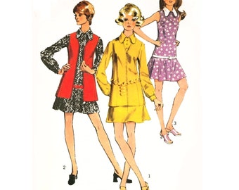 1970 Long Vest, Optional Zipper Closing & Drop Waist Dress, Dog-Ear Collar, Sleeveless or Long Sleeves/Cuffs Simplicity 8929, Bust 38" Uncut