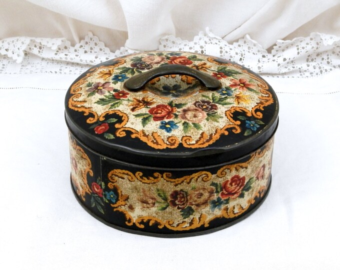 Round Vintage French Metal Cookie Tin with Floral Pattern and Handle on the Lid, Shabby, Romantic, Retro, Decor, Country, Box, 1950, 1960