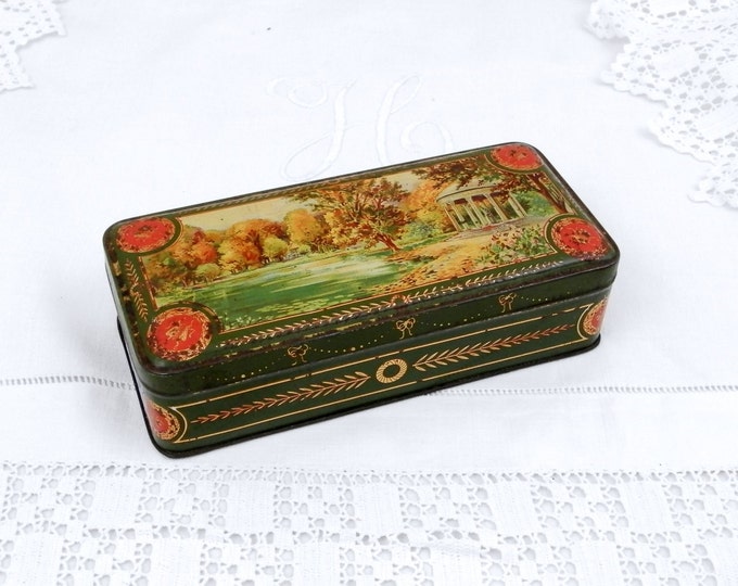 Antique French Rectangular Cookie Metal Tin with a Classical Watercolor Style illustration, Candy, Sweet Box, French Country Decor, Chateau