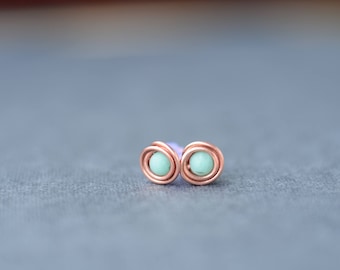 mint earrings, jade stud earrings, bridal shower gift, copper wire earrings, mint green bohemian jewelry, gift for mom, wirewrapped jewelry