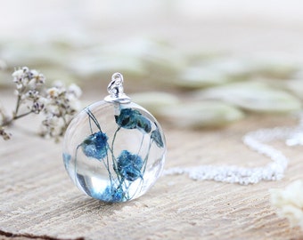 Pressed Flower Necklace - Blue Baby Breath , Gypsophila Necklace , Gift for Her , Bridal Jewellery , Something Blue , Resin Necklace