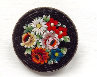 Vintage Micro Mosaic Brooch Black with Vibrant Roses Daisies Made in Italy