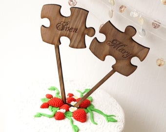Puzzle Cake Topper, Rustic Wedding Cake Toppers, Puzzle Pieces Cake Topper, Personalized Cake Topper, Luxury Walnut Wood