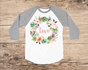 Two Year Old Birthday Shirt, Personalized Wreath on Grey Raglan