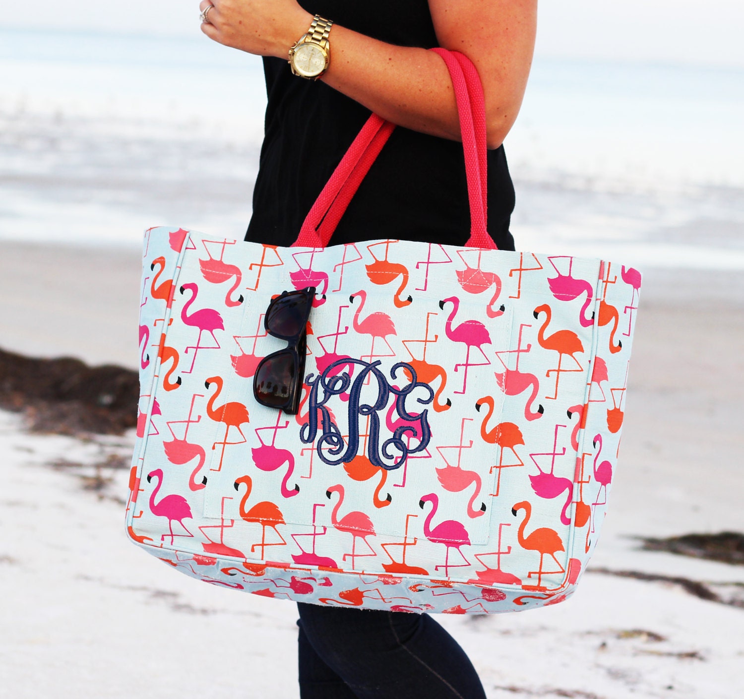 Monogrammed Flamingo Open Tote | Personalized Daytripper Tote
